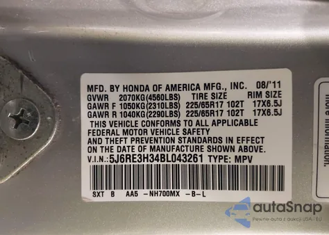 2011 Honda Cr-V Lx из США, поврежденный, VIN 5J6RE3H34BL043261